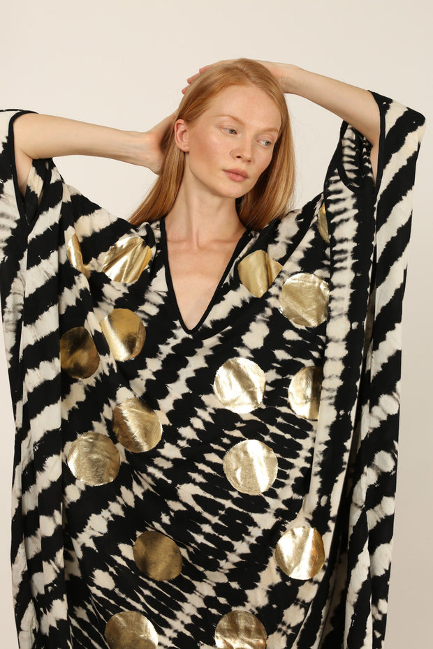 HAND BATIK GOLD DOT KAFTAN LIENA - sustainably made MOMO NEW YORK sustainable clothing, dress slow fashion