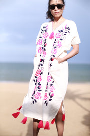 HAND EMBROIDERED KAFTAN DRESS YUKI - sustainably made MOMO NEW YORK sustainable clothing, kaftan slow fashion