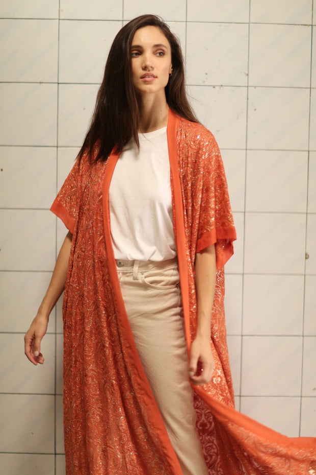 HELIOS ORANGE SILK SEQUIN EMBEROIDERED KIMONO - sustainably made MOMO NEW YORK sustainable clothing, Embroidered Kimono slow fashion