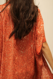 HELIOS ORANGE SILK SEQUIN EMBEROIDERED KIMONO - sustainably made MOMO NEW YORK sustainable clothing, Embroidered Kimono slow fashion