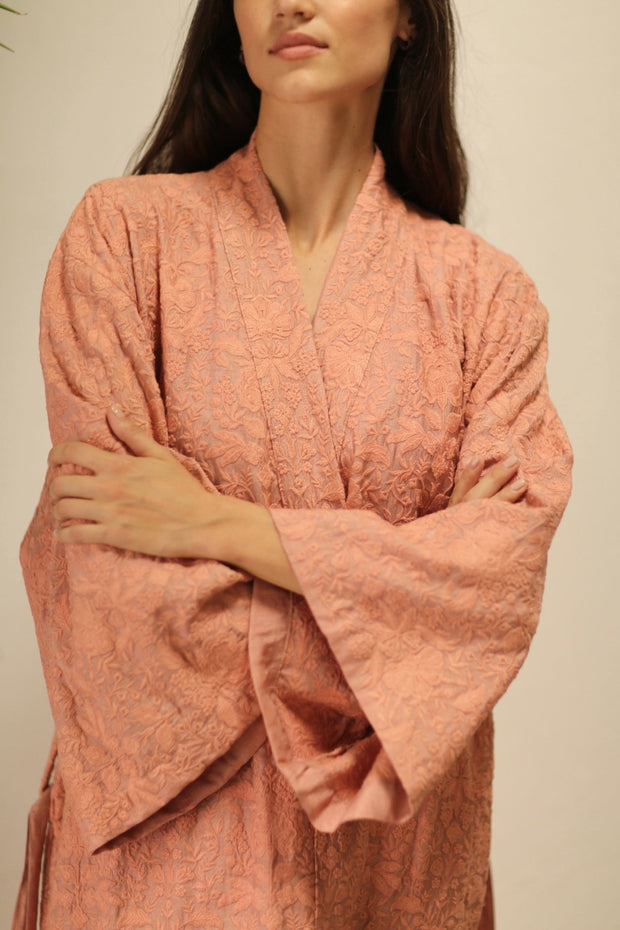 HERA PEACH PINK TUSSER SILK FLOWER KIMONO - sustainably made MOMO NEW YORK sustainable clothing, kimono slow fashion