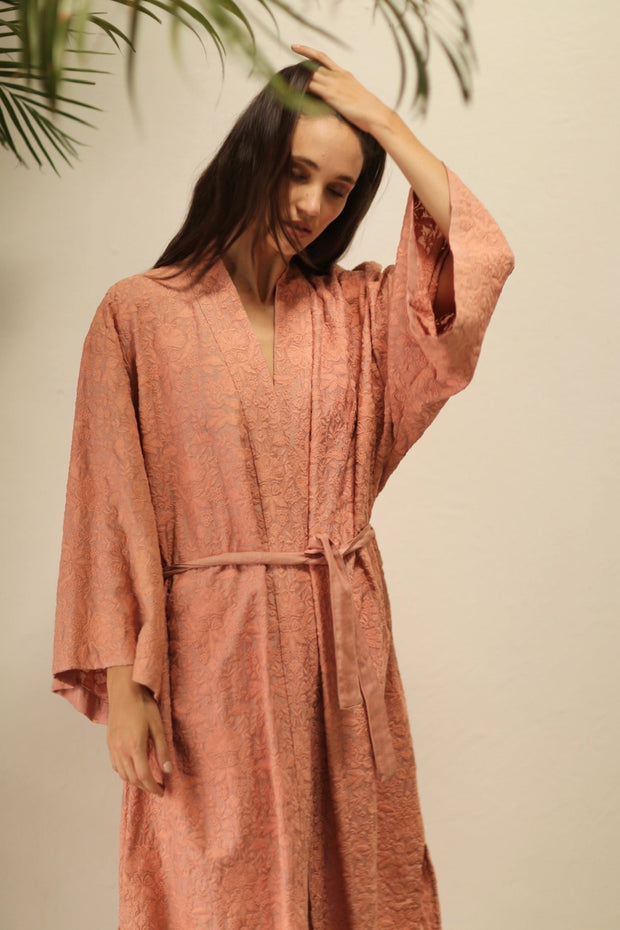 HERA PEACH PINK TUSSER SILK FLOWER KIMONO - sustainably made MOMO NEW YORK sustainable clothing, kimono slow fashion