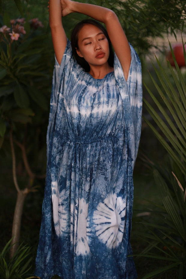 Indigo Kaftan Dress Ulrika - sustainably made MOMO NEW YORK sustainable clothing, kaftan slow fashion