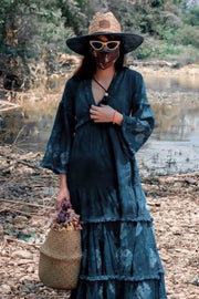 INDIGO MOTHER EARTH LONG SLEEVE DRESS MYE - sustainably made MOMO NEW YORK sustainable clothing, kaftan slow fashion