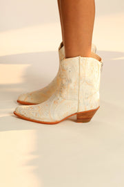 IVORY EMBROIDERED SILK SHORT WESTERN BOOTS FELO - sustainably made MOMO NEW YORK sustainable clothing, boots slow fashion