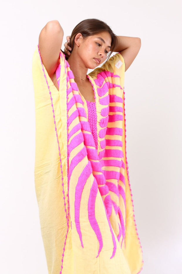 KAFTAN MARIE CLAIRE YELLOW / FUSHIA - sustainably made MOMO NEW YORK sustainable clothing, Embroidered Kaftan slow fashion