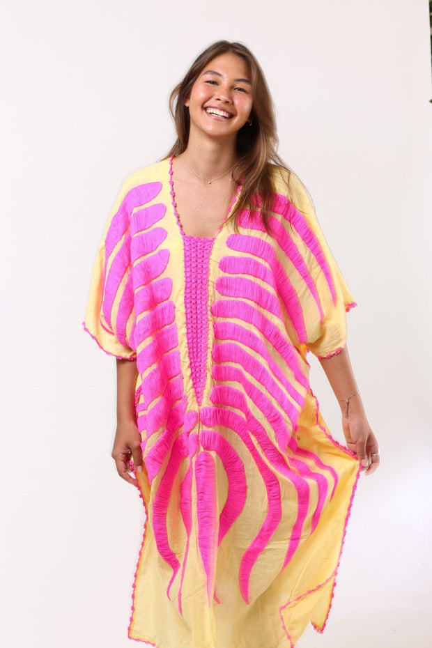 KAFTAN MARIE CLAIRE YELLOW / FUSHIA - sustainably made MOMO NEW YORK sustainable clothing, Embroidered Kaftan slow fashion