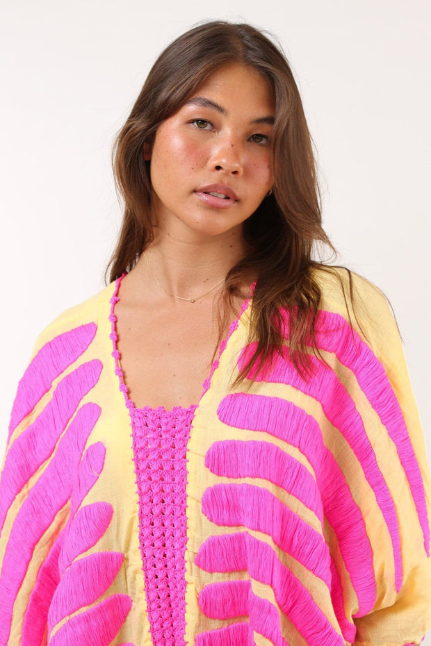 KAFTAN MARIE CLAIRE YELLOW / FUSHIA - sustainably made MOMO NEW YORK sustainable clothing, Embroidered Kaftan slow fashion