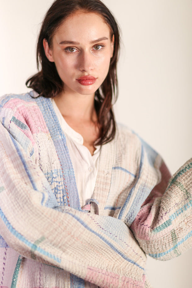 KANTHA QUILT VINTAGE FABRIC KIMONO YUMA - sustainably made MOMO NEW YORK sustainable clothing, Kimono slow fashion