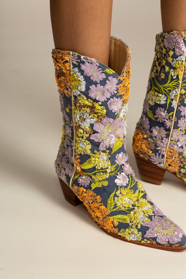 LAVENDER EMBROIDERED FLOWER SEQUIN WESTERN BOOTS - sustainably made MOMO NEW YORK sustainable clothing, boots slow fashion