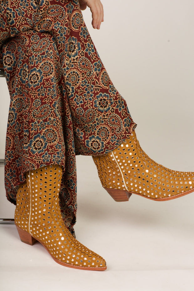 MUSTARD EMBELLISHED SILK BOOTS SANDY - sustainably made MOMO NEW YORK sustainable clothing, boots slow fashion