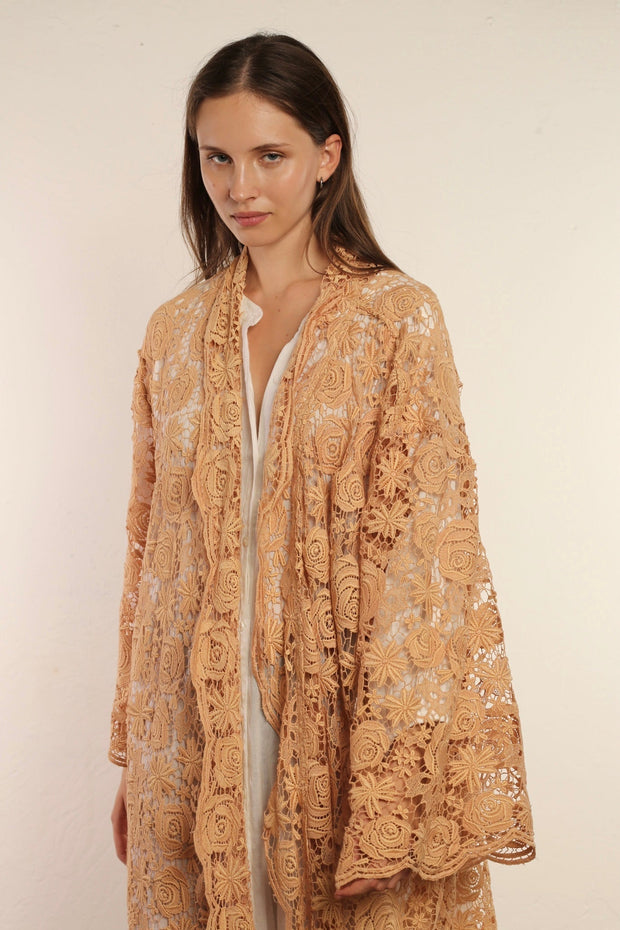 NUDE PINK COTTON LACE KIMONO INGE - sustainably made MOMO NEW YORK sustainable clothing, kimono slow fashion