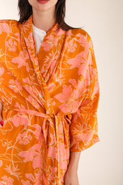 ORANGE FLOWER PRINT SILK KIMONO GOLBY - sustainably made MOMO NEW YORK sustainable clothing, Kimono slow fashion