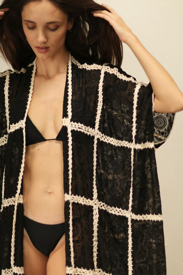 OYA BLACK KIMONO WITH CROCHET - sustainably made MOMO NEW YORK sustainable clothing, kimono slow fashion