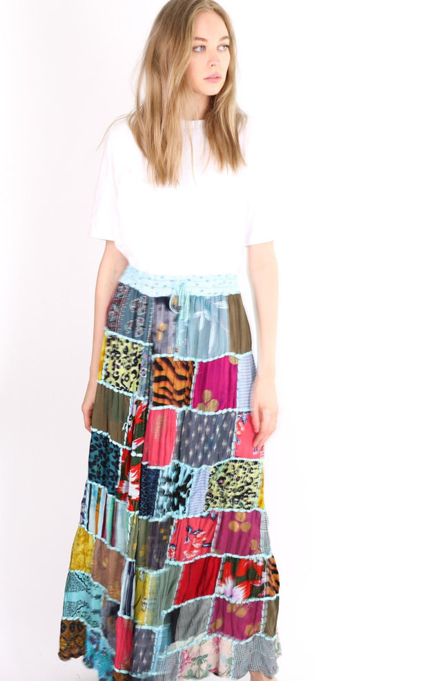 PATCHWORK EMBROIDERED STITCH SKIRT BETTINA - sustainably made MOMO NEW YORK sustainable clothing, slow fashion