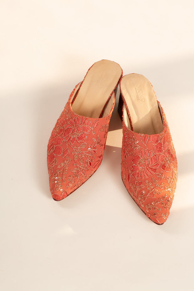 PEACH SILK EMBROIDERED HEELED MULES LISA - sustainably made MOMO NEW YORK sustainable clothing, slow fashion