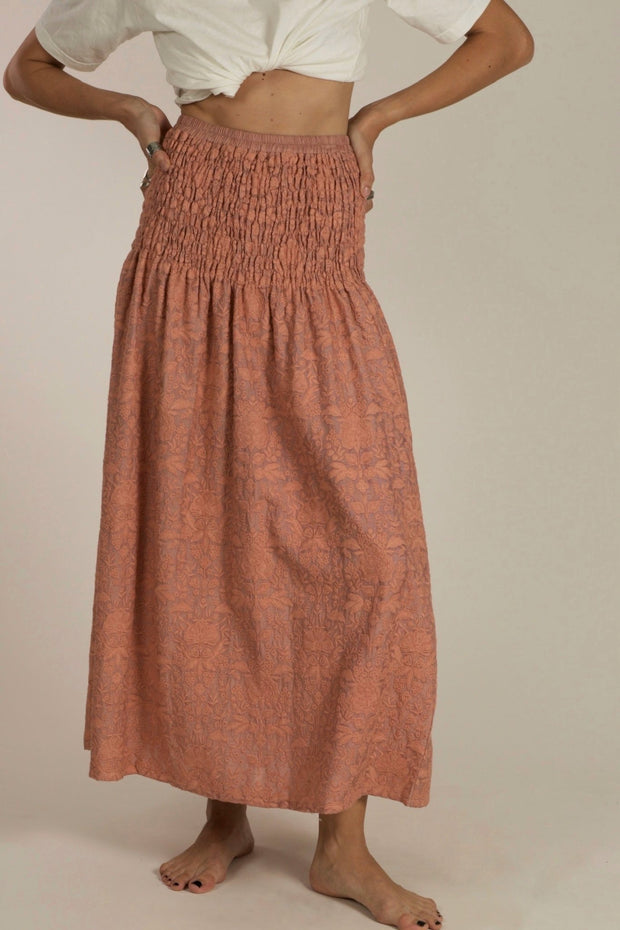 PEACH SILK EMBROIDERED SKIRT DRESS LISA - sustainably made MOMO NEW YORK sustainable clothing, dress slow fashion