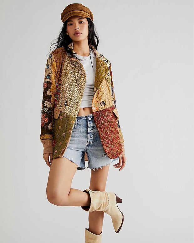 PENNY JACKET EMBROIDERED PATCHWORK X FREE PEOPLE - sustainably made MOMO NEW YORK sustainable clothing, fall22 slow fashion