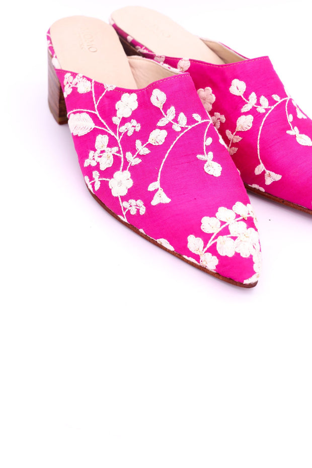 PINK EMBROIDERED HEELED MULES - sustainably made MOMO NEW YORK sustainable clothing, mules slow fashion