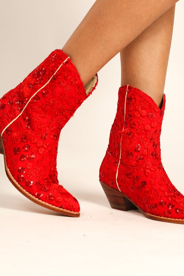 RED EMBROIDERED BOOTS ALESSA - sustainably made MOMO NEW YORK sustainable clothing, boots slow fashion