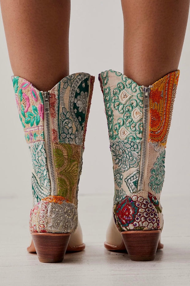 SELINA EMBROIDERED PATCHWORK BOOTS X FREE PEOPLE - sustainably made MOMO NEW YORK sustainable clothing, boots slow fashion