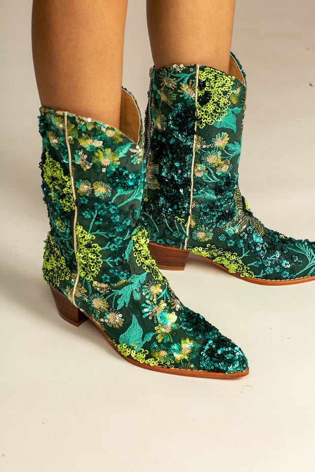 SELINA SEQUIN EMBROIDERED BOOTS FOREST GREEN - sustainably made MOMO NEW YORK sustainable clothing, boots slow fashion