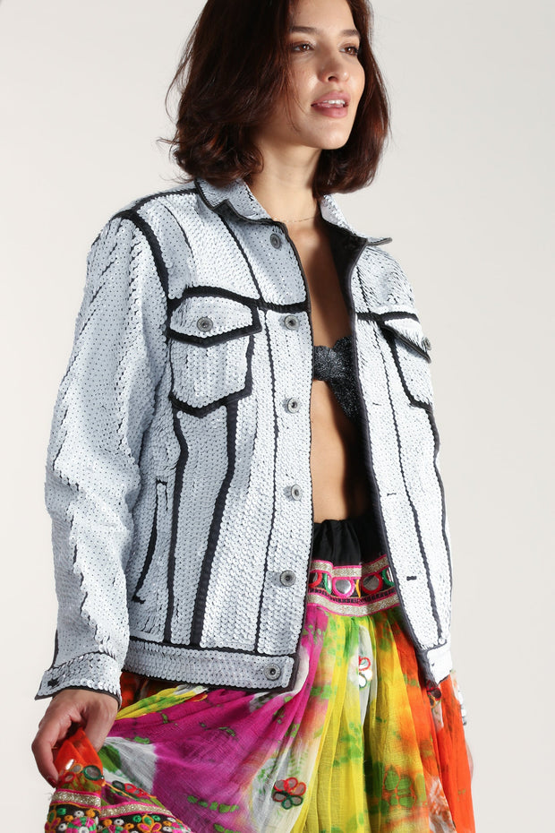 SEQUIN EMBROIDERED DENIM JACKET DEMI - sustainably made MOMO NEW YORK sustainable clothing, Jacket slow fashion