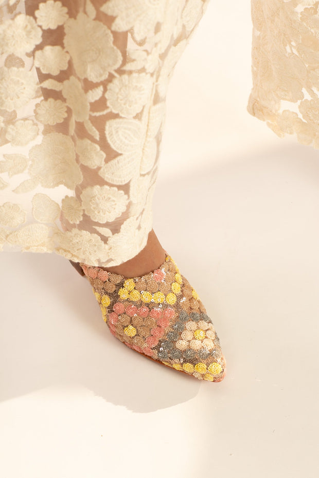 SEQUIN EMBROIDERED HEELED MULES ARITZIA - sustainably made MOMO NEW YORK sustainable clothing, mules slow fashion