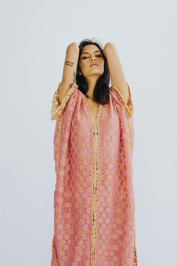 SILK CROCHET EMBROIDERED KAFTAN CAMELLA - sustainably made MOMO NEW YORK sustainable clothing, crochet slow fashion