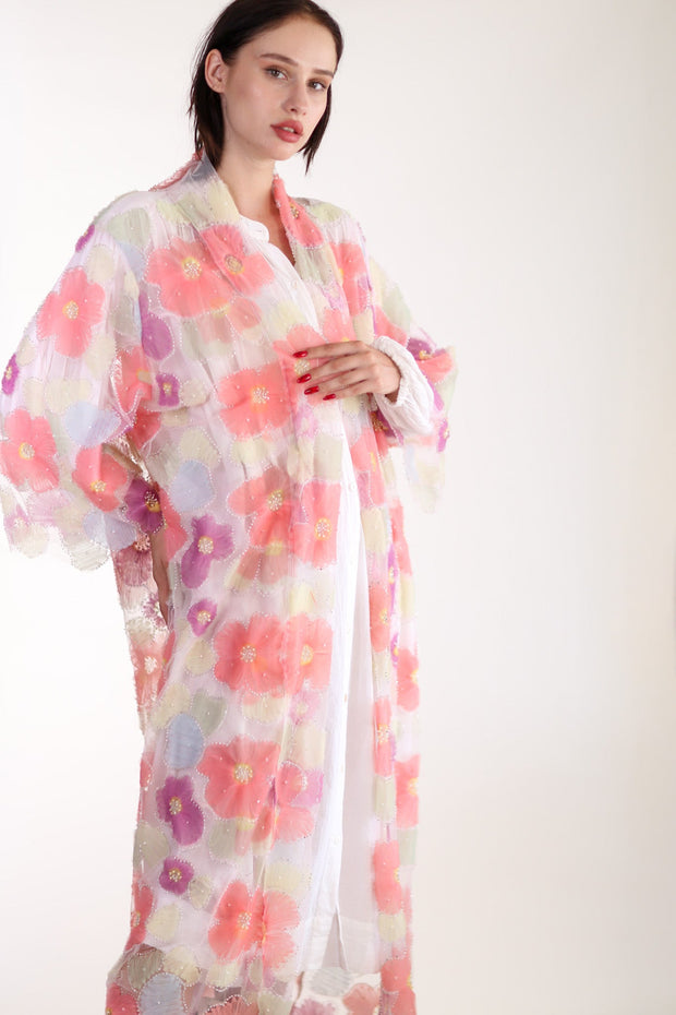 SILK FLOWER EMBELLISHED KIMONO ULISA - sustainably made MOMO NEW YORK sustainable clothing, Kimono slow fashion