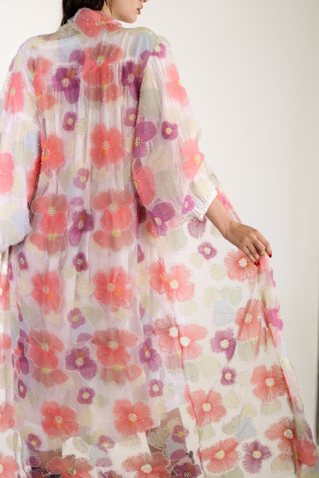 SILK FLOWER EMBELLISHED KIMONO ULISA - sustainably made MOMO NEW YORK sustainable clothing, Kimono slow fashion