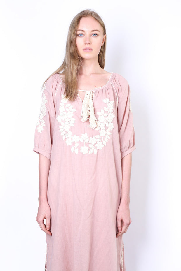 STAYCATION EMBROIDERED HALF SLEEVE KAFTAN DRESS ELLA - sustainably made MOMO NEW YORK sustainable clothing, kaftan slow fashion