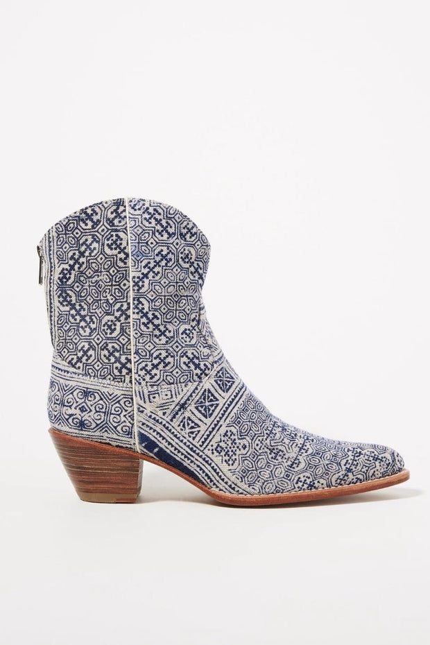 TILE MOSAIC INDIGO WESTERN BOOTS X ANTHROPOLOGIE - sustainably made MOMO NEW YORK sustainable clothing, boots slow fashion