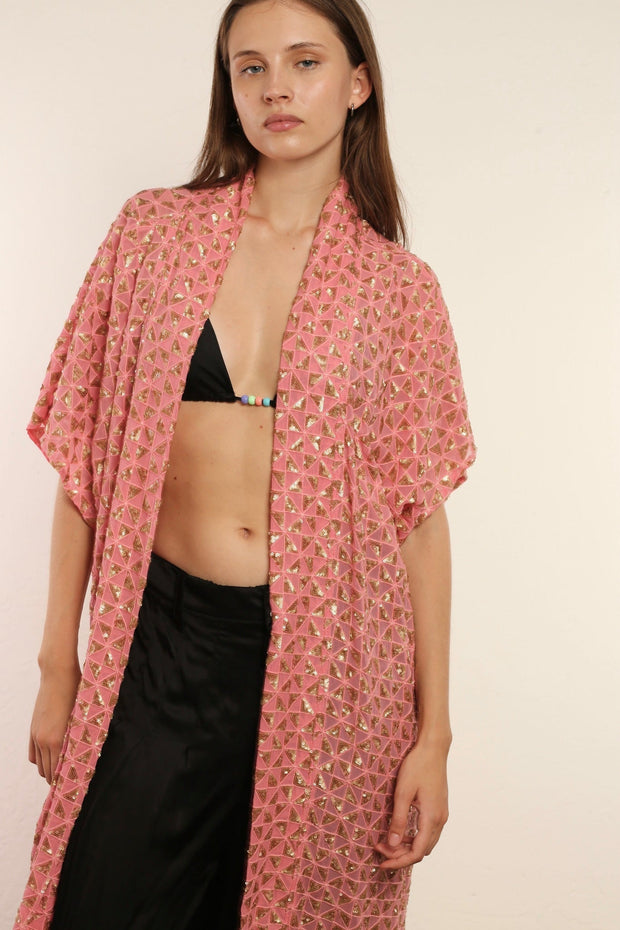 TRIANGLE GOLDEN PINK SILK KIMONO - sustainably made MOMO NEW YORK sustainable clothing, kimono slow fashion