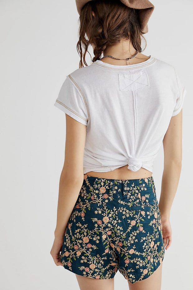 TURQUOISE EMBROIDERED SILK SHORTS X FREE PEOPLE - sustainably made MOMO NEW YORK sustainable clothing, pants slow fashion