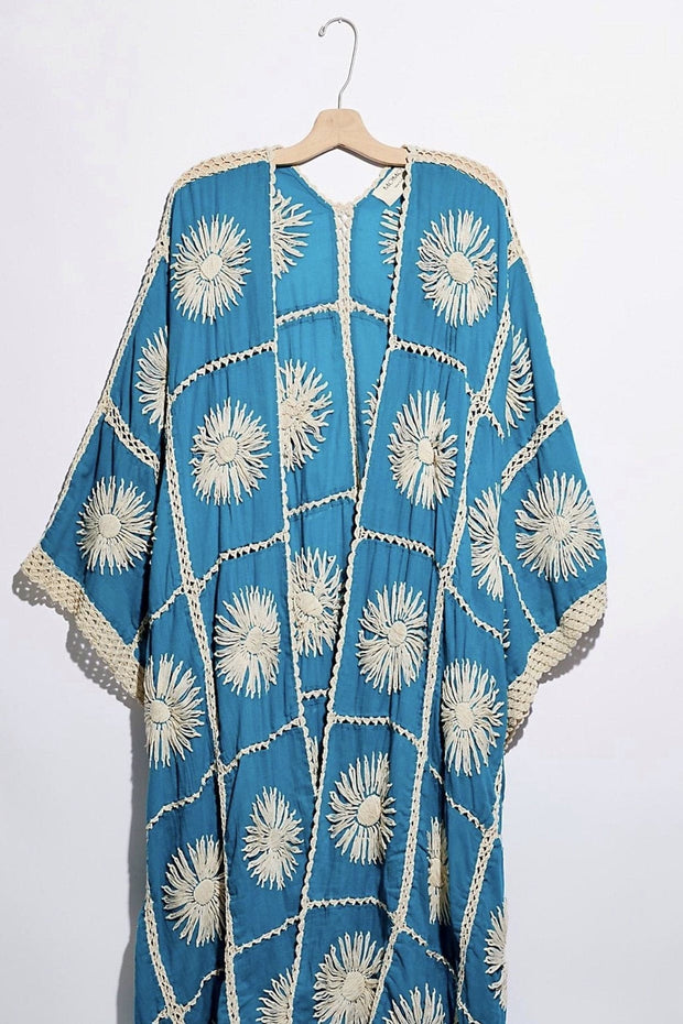 TURQUOISE FLORA CROCHET KIMONO X FREE PEOPLE - sustainably made MOMO NEW YORK sustainable clothing, crochet slow fashion