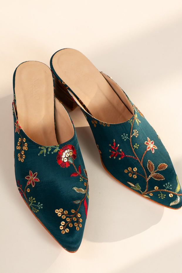 TURQUOISE HEELED MULES SANDRA - sustainably made MOMO NEW YORK sustainable clothing, mules slow fashion