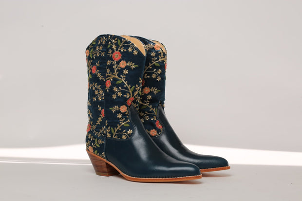 TURQUOISE LEATHER EMBROIDERED SILK BOOTS SONIA - sustainably made MOMO NEW YORK sustainable clothing, boots slow fashion