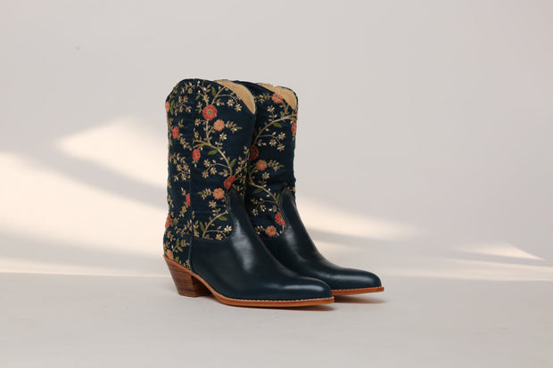 TURQUOISE LEATHER EMBROIDERED SILK BOOTS SONIA - sustainably made MOMO NEW YORK sustainable clothing, boots slow fashion