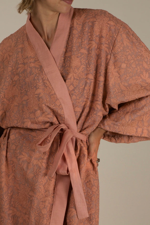 TUSSER SILK PEACH EMBROIDERED KIMONO ZOLA - sustainably made MOMO NEW YORK sustainable clothing, slow fashion