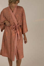 TUSSER SILK PEACH EMBROIDERED KIMONO ZOLA - sustainably made MOMO NEW YORK sustainable clothing, slow fashion