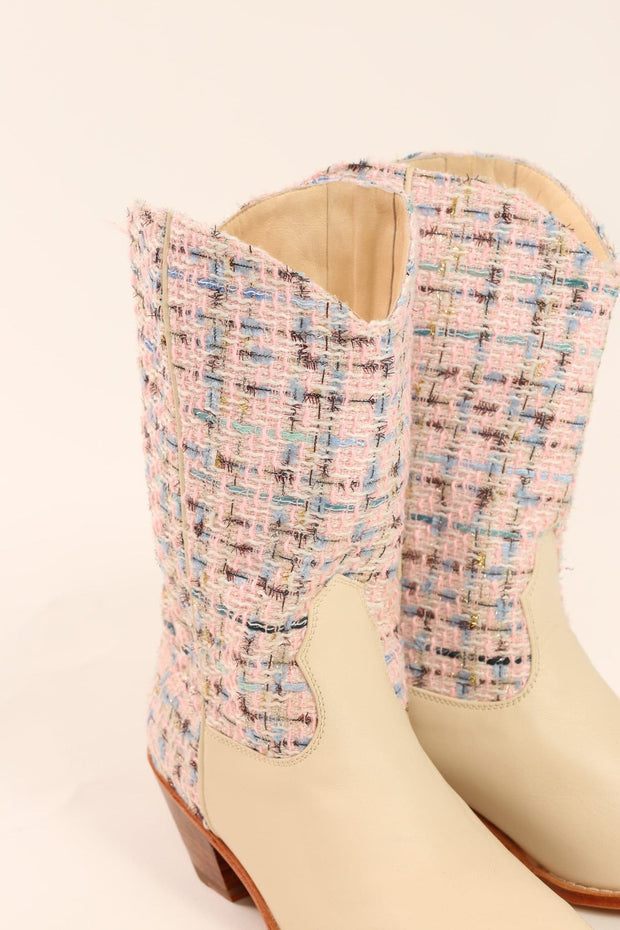 TWEED WESTERN BOOTS VIOLETTA - sustainably made MOMO NEW YORK sustainable clothing, samplesaleshoe0123 slow fashion