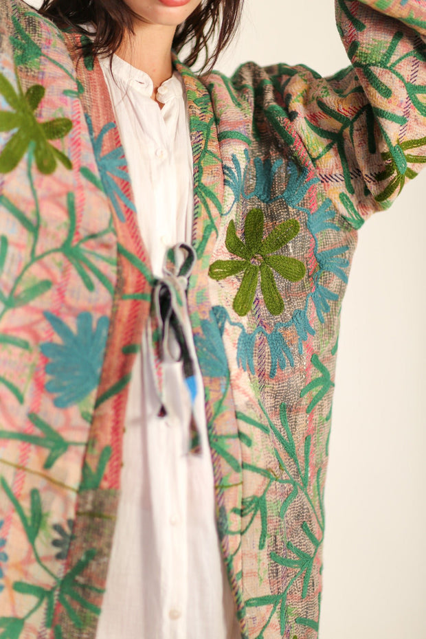 VINTAGE EMBROIDERED FABRIC KIMONO OLAO - sustainably made MOMO NEW YORK sustainable clothing, Kimono slow fashion