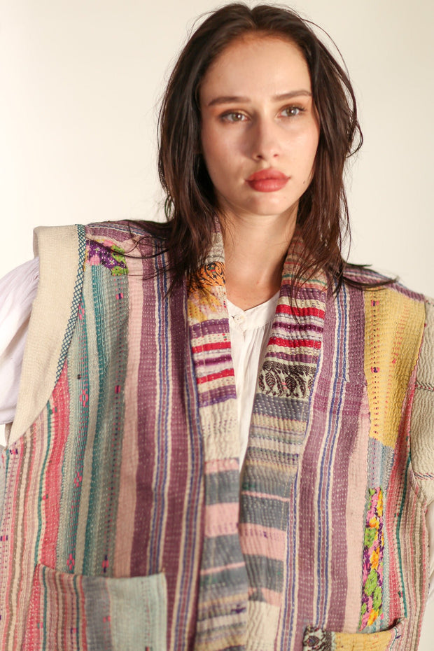 VINTAGE KANTHA QUILT VEST TINE - sustainably made MOMO NEW YORK sustainable clothing, Kimono slow fashion