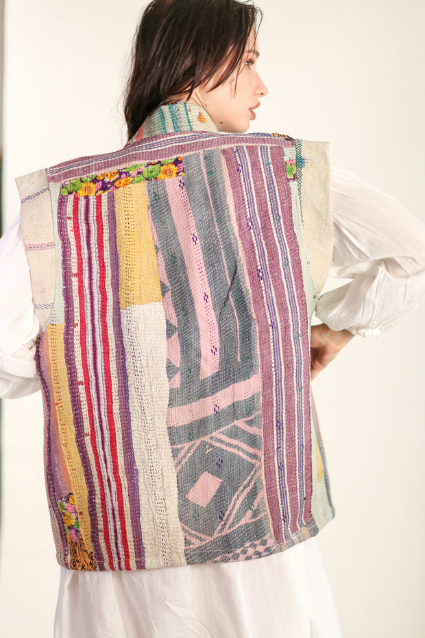 VINTAGE KANTHA QUILT VEST TINE - sustainably made MOMO NEW YORK sustainable clothing, Kimono slow fashion