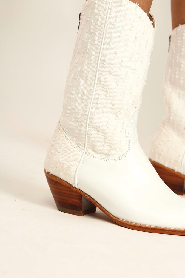 WHITE DENIM WESTERN BOOTS MILKA - sustainably made MOMO NEW YORK sustainable clothing, boots slow fashion