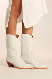 WHITE EMBROIDERED SEQUIN WEDDING BOOTS ODE - sustainably made MOMO NEW YORK sustainable clothing, boots slow fashion