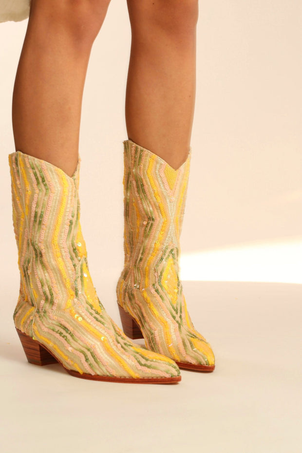 YELLOW WESTERN SEQUIN EMBROIDERED BOOTS SILK MADELAIN - sustainably made MOMO NEW YORK sustainable clothing, boots slow fashion